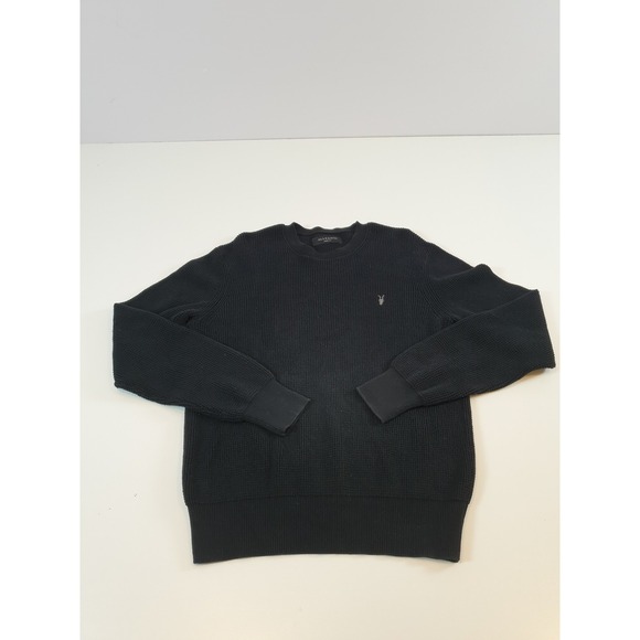 All Saints Sweater Men's Large Black Waffle Knit Rias Crewneck Pullover Skull - Picture 1 of 14